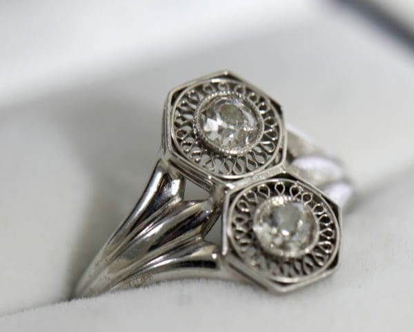 Art Deco Hexagon 2 stone Diamond Ring in Plat and White Gold 5.JPG