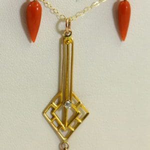 Art Deco Yellow Gold Meditteranean Red Coral Lavalier Earring Set.JPG