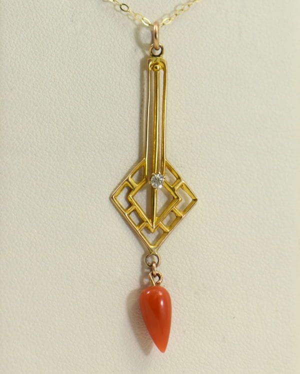 Art Deco Yellow Gold Meditteranean Red Coral Lavalier Earring Set 3.JPG