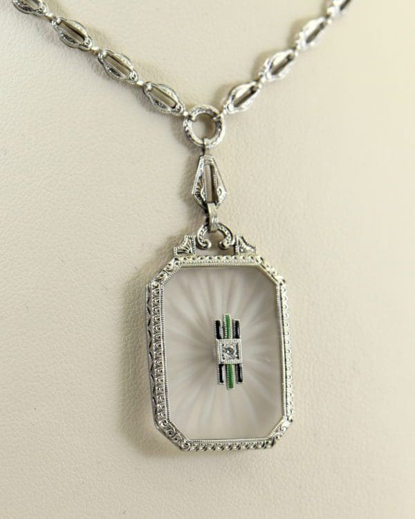 Camphor Glass Diamond Enamel and engraving necklace art deco circa 1930.JPG