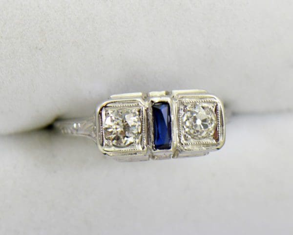 Diamond Synthetic Sapphire Die Struck Art Deco 2 stone ring 3.JPG