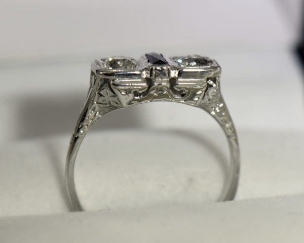 Diamond Synthetic Sapphire Die Struck Art Deco 2 stone ring 4.JPG
