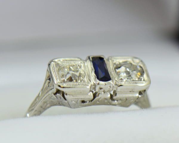 Diamond Synthetic Sapphire Die Struck Art Deco 2 stone ring 8.JPG