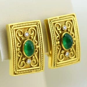 Etruscan Style 18k yellow gold earrings with cabochon emeralds and diamonds omega backs 2.JPG