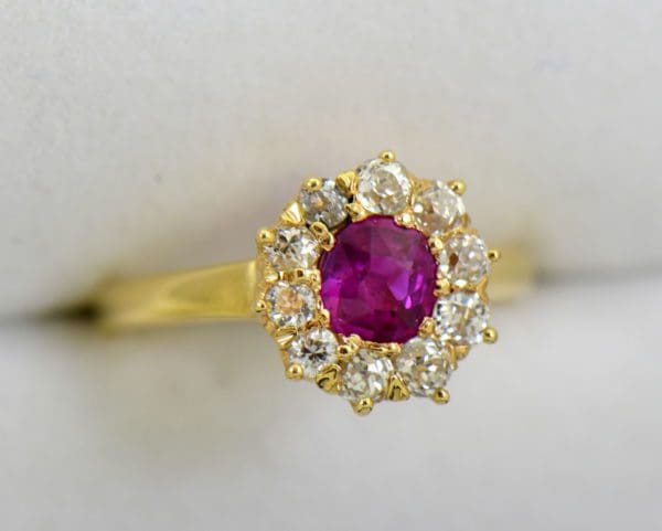 Unheated Ruby Mine Cut Diamond Victorian Halo Ring in yellow gold 2.JPG