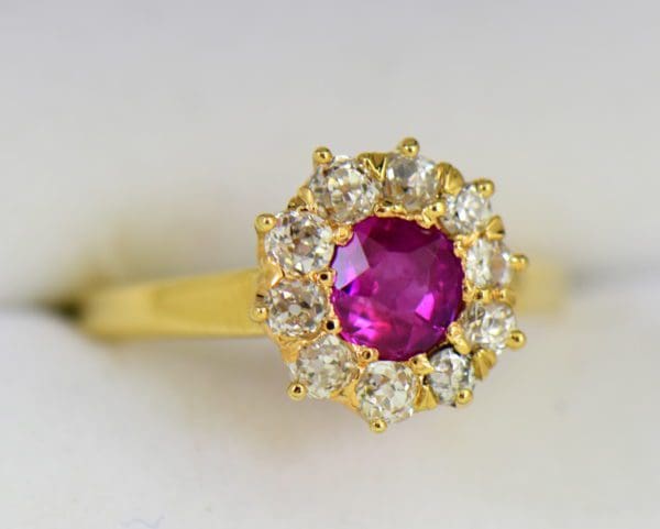 Unheated Ruby Mine Cut Diamond Victorian Halo Ring in yellow gold 3.JPG