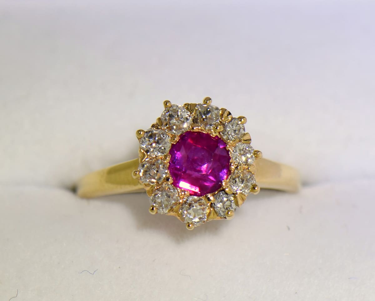 Victorian Pinkish Red Ruby Mine Cut Diamond Halo Ring
