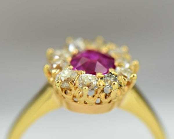 Unheated Ruby Mine Cut Diamond Victorian Halo Ring in yellow gold 8.JPG