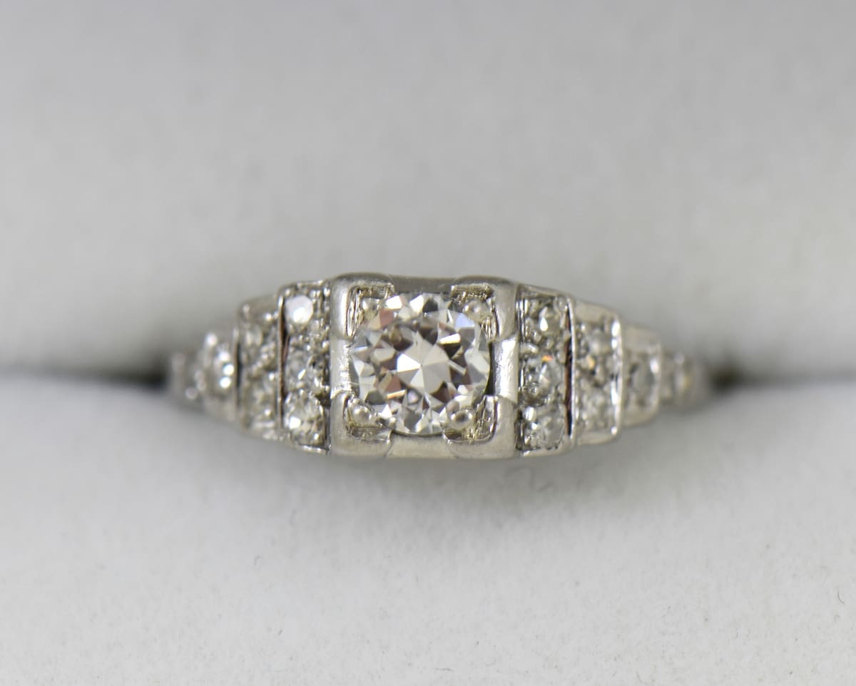 Art Deco Platinum Diamond Engagement Ring with Stair Step Sides