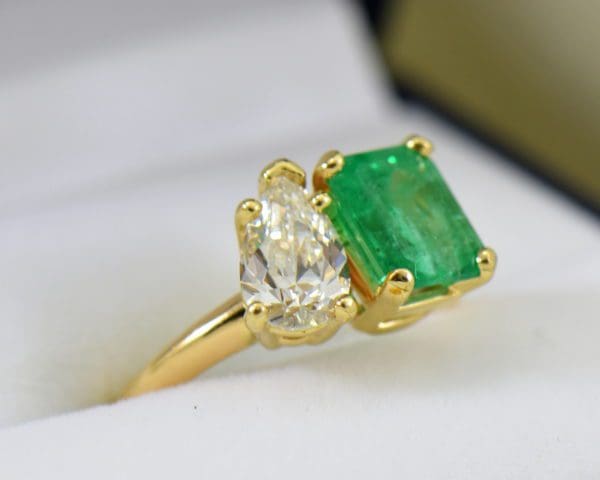 G Modern Two Stone Ring with Pear Diamond Emerald Cut Emerald yellow gold 2.JPG