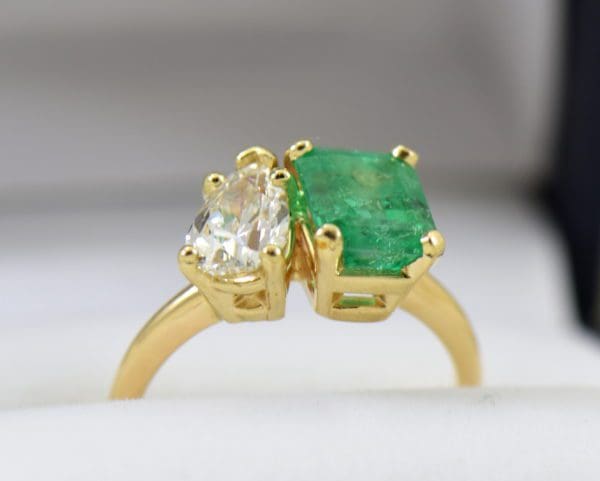G Modern Two Stone Ring with Pear Diamond Emerald Cut Emerald yellow gold 4.JPG
