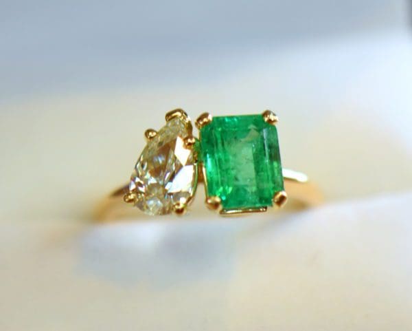 G Modern Two Stone Ring with Pear Diamond Emerald Cut Emerald yellow gold 5.JPG