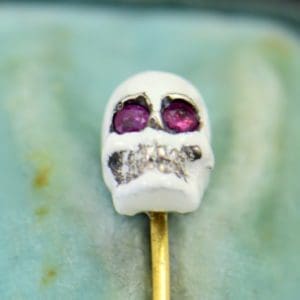 Memento Mori Stickpin 15k and Sterling Skull with Ruby Eyes and Enamel circa 1860 2.JPG 1