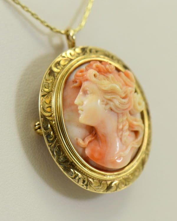 antique carved angel skin coral cameo high relief face in engraved yellow gold frame 3.JPG