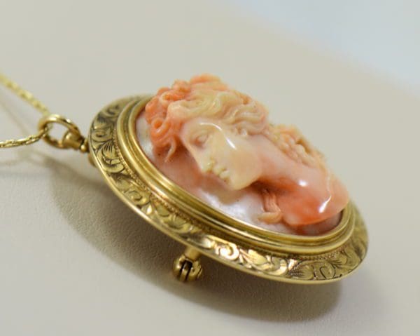 antique carved angel skin coral cameo high relief face in engraved yellow gold frame 4.JPG