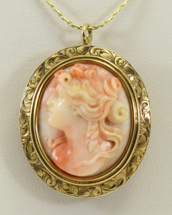 antique carved angel skin coral cameo high relief face in engraved yellow gold frame 5.JPG