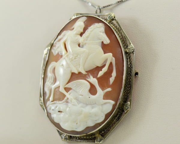 art deco shell cameo pin pendant combo with knight slaying dragon in white gold frame 3.JPG
