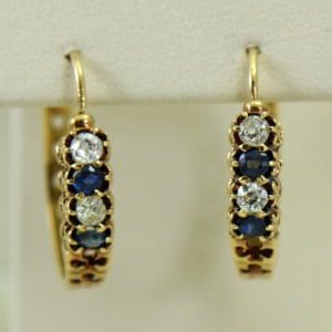 Victorian sapphire and mine cut diamond hoop earrings in rosy yellow gold.JPG