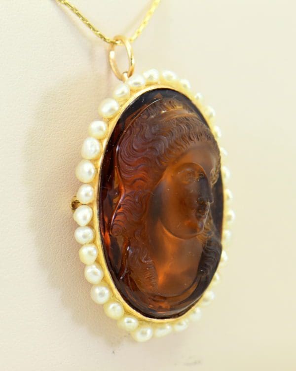 hard stone cameo carved citrine woman in yellow gold frame surrounded by pearls 2.JPG