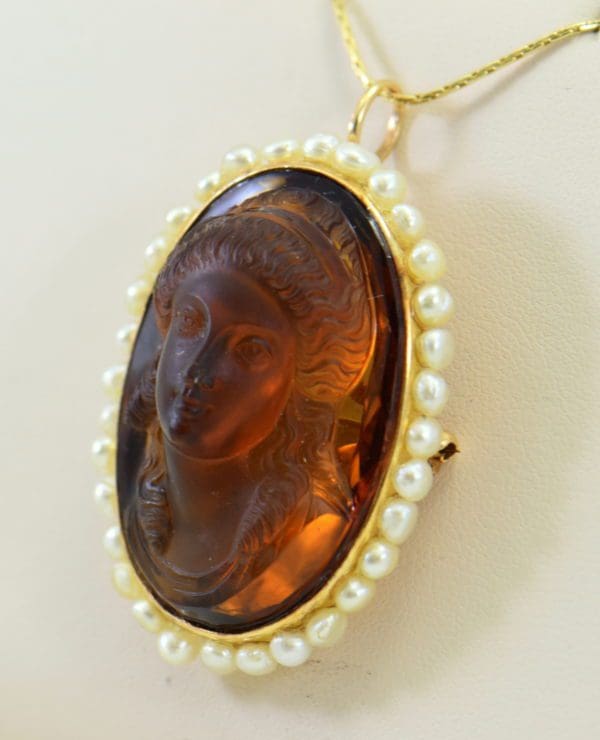 hard stone cameo carved citrine woman in yellow gold frame surrounded by pearls 3.JPG