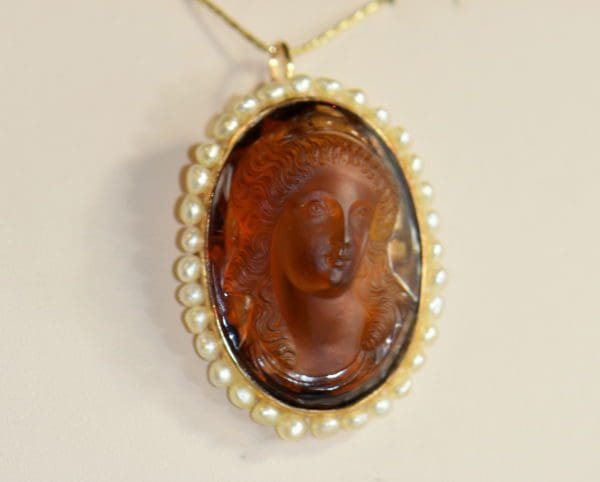 hard stone cameo carved citrine woman in yellow gold frame surrounded by pearls 4.JPG