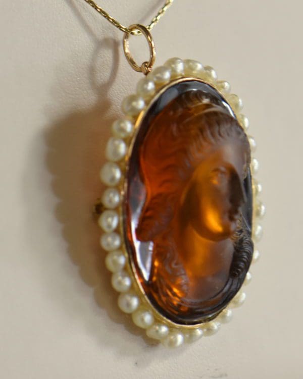 hard stone cameo carved citrine woman in yellow gold frame surrounded by pearls 6.JPG