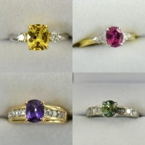 Yellow Sapphire in Platinum with Diamonds, Pink Sapphire in Yellow Gold with diamonds, Purple Sapphire in yellow gold with diamonds, Mint Sapphire in White Gold with Diamonds 