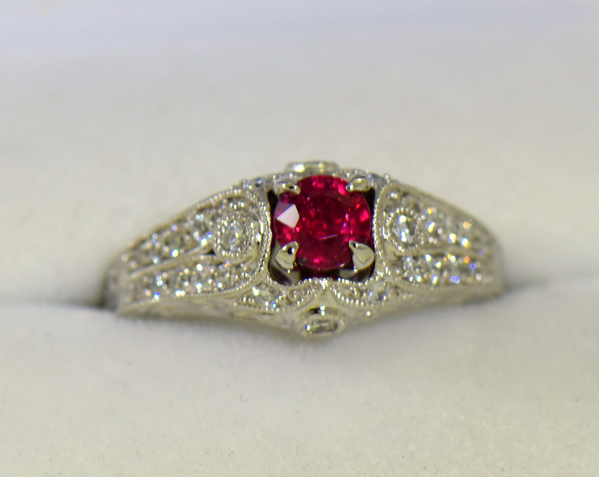 Genuine Ruby Cluster Diamond White Gold Ring- Celestial Ruby Galaxy  Engagement Ring- Round Ruby Milgrain Solitaire Ring- Natural Ruby Ring