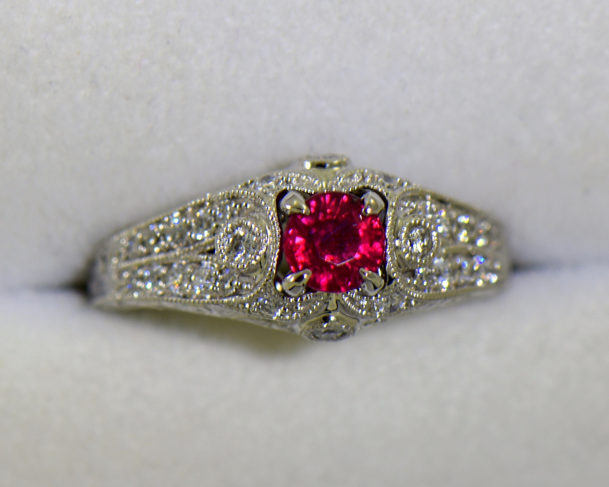 Jerusha Ring with Round Ruby | 0.99 carats Round Ruby Cocktail Ring in 14k White  Gold | Diamondere