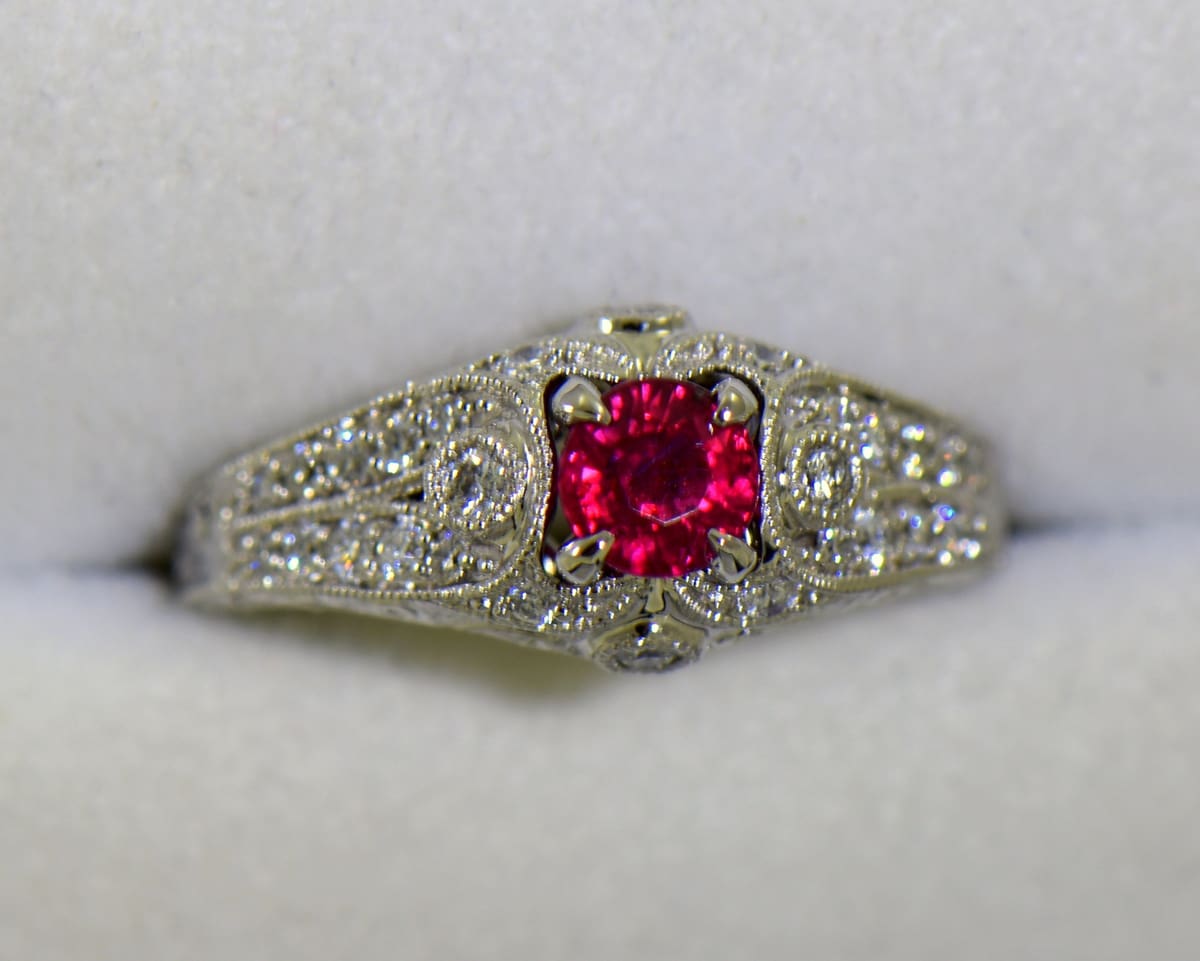 Jerusha Ring with Round Ruby | 0.99 carats Round Ruby Cocktail Ring in 14k White  Gold | Diamondere