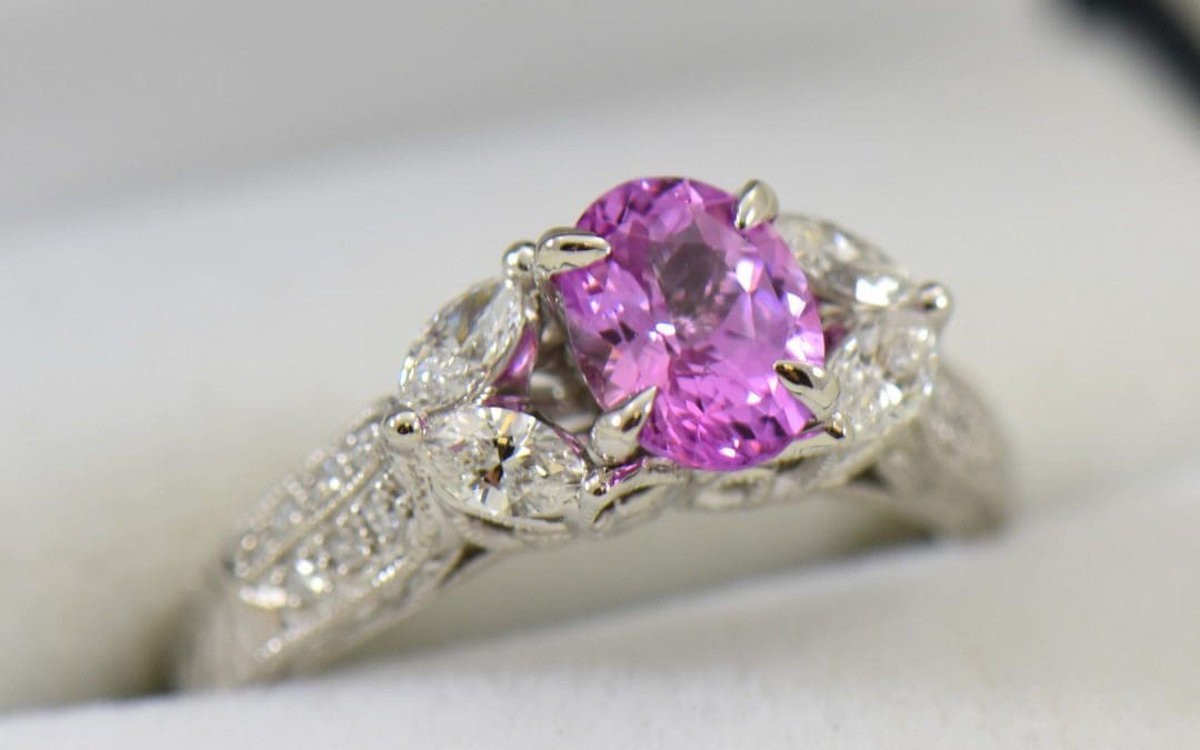 orchid pink sapphire and marquise diamond engangement ring in carved white gold