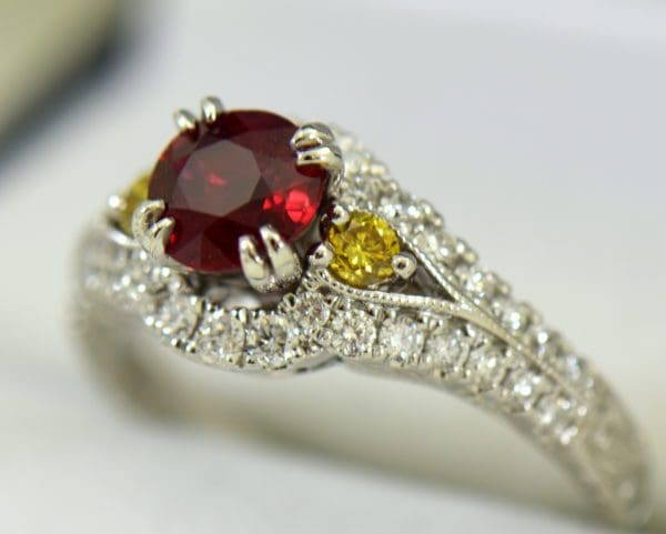 vintage style natural ruby ring with white yellow diamonds