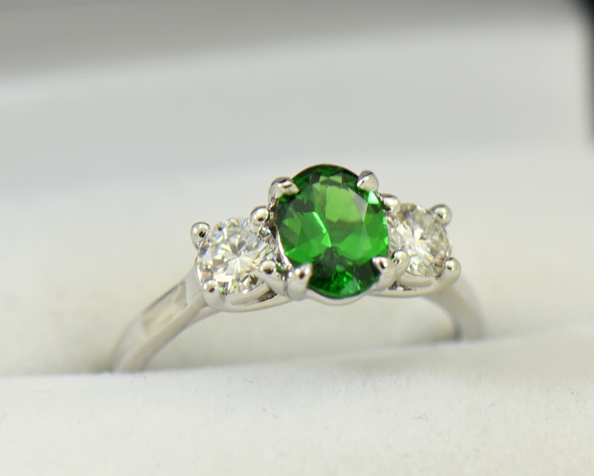 Oval Tsavorite Diamond 3 stone Green Garnet Engagement Ring