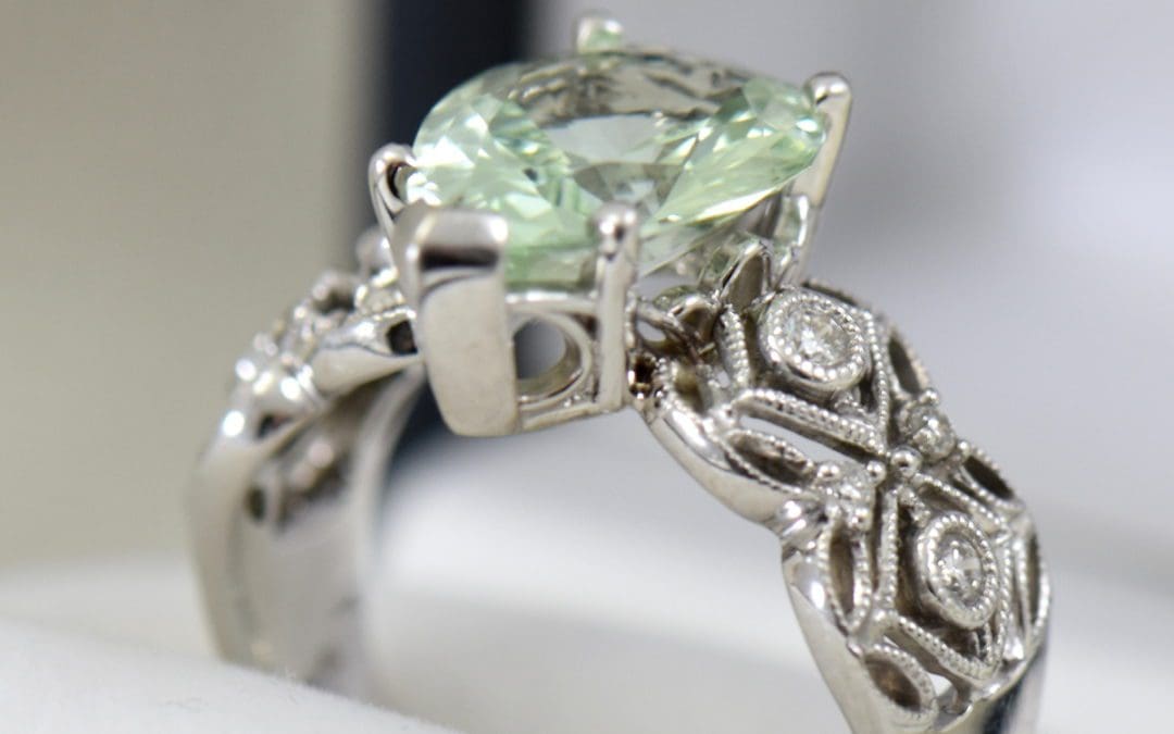 custom filigree ring with pear green beryl