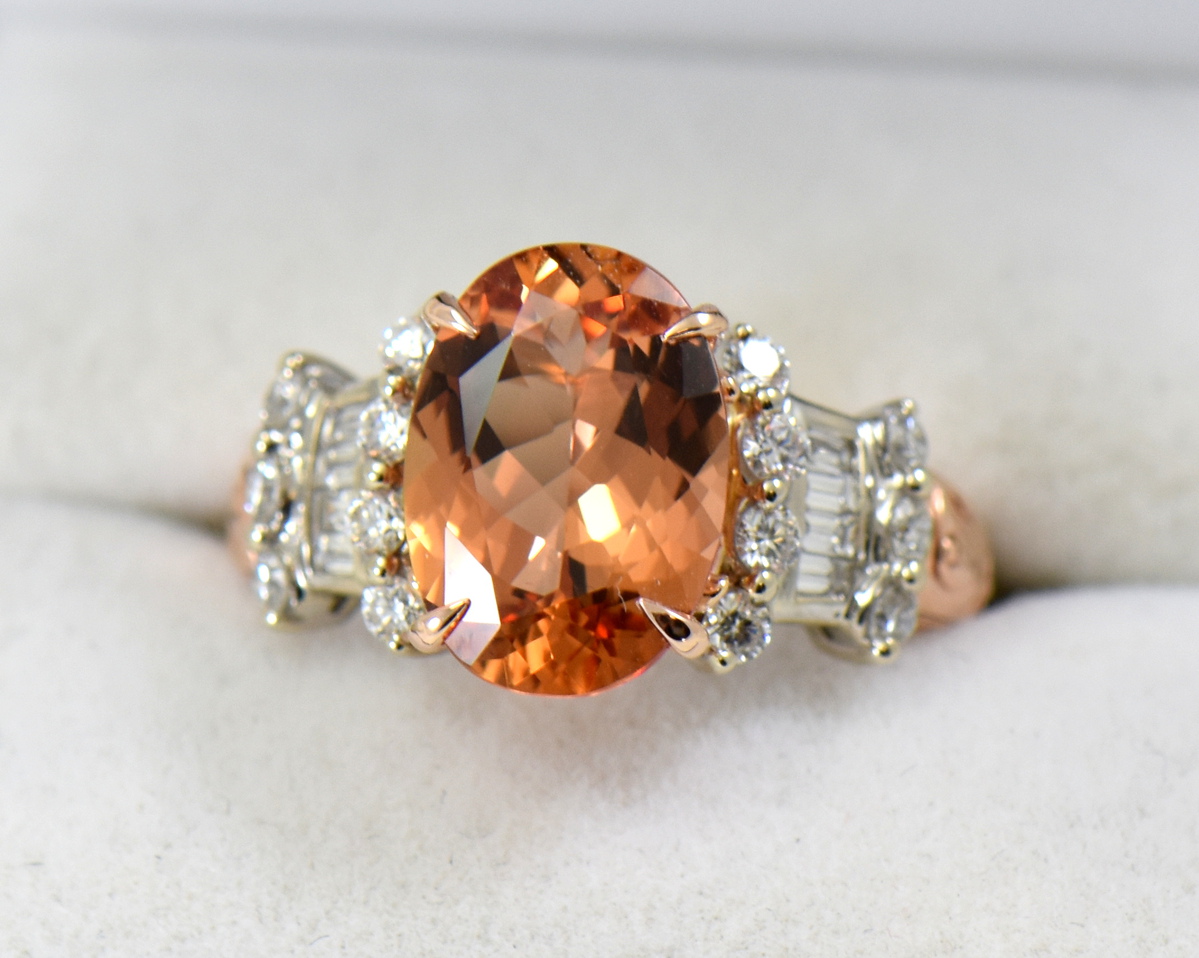 Unique 9ct Yellow Gold Imperial Topaz Engagement Ring with Diamond Clusters