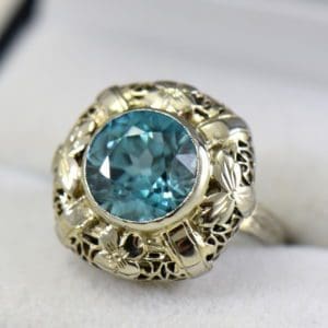 Art Deco 5ct round Blue Zircon Ring with pillow shaped filigree bezel 2.JPG