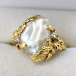 1960s baroque pearl ring with gold leaves and diamond accent.JPG