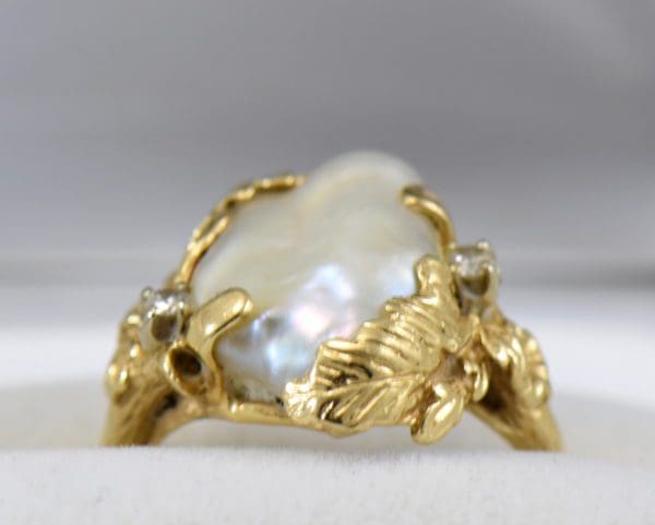 1960s baroque pearl ring with gold leaves and diamond accent 2.JPG
