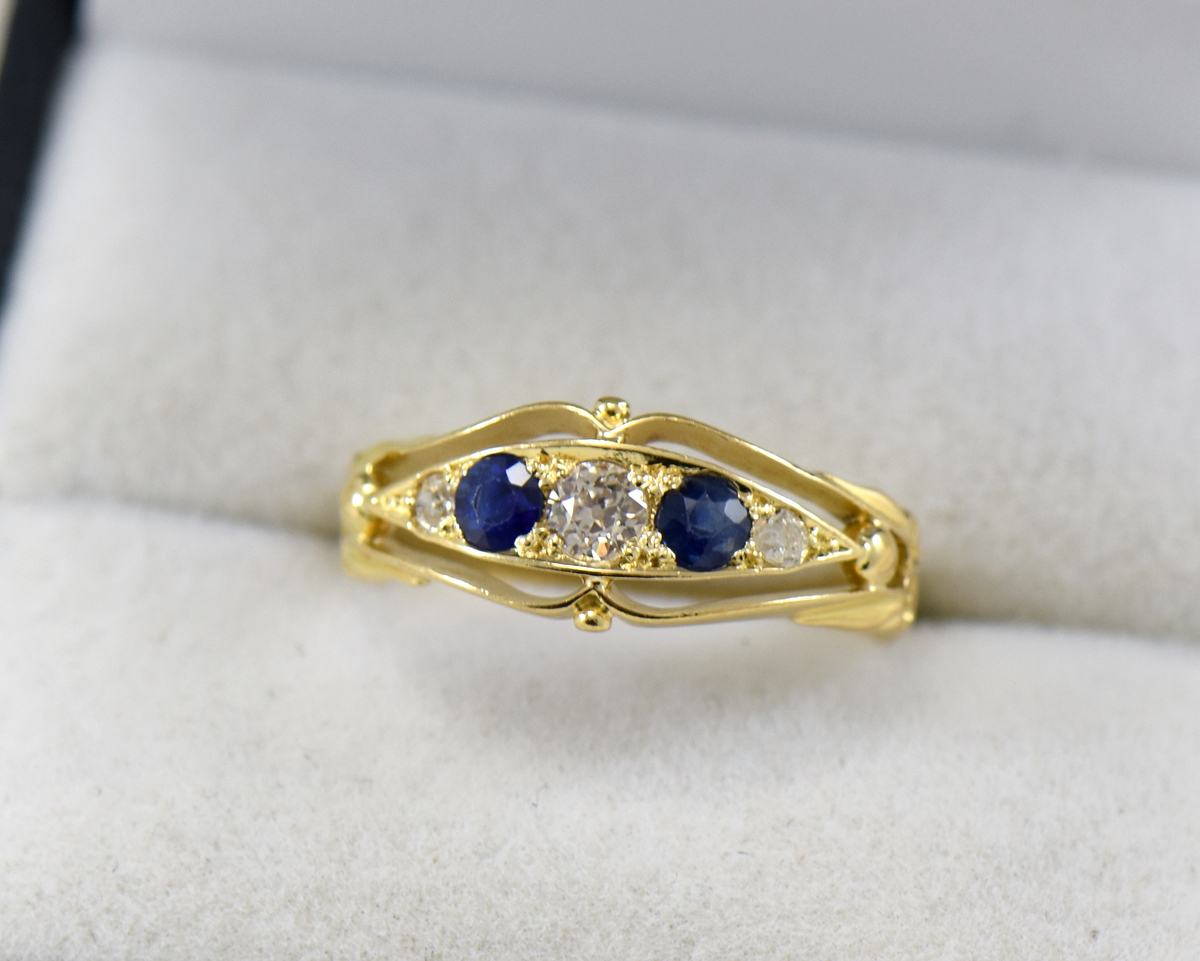 antique 18k british wedding ring with sapphires and old euro cut diamonds 2.JPG