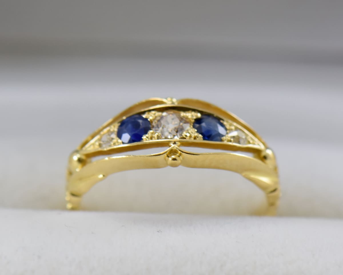 Edwardian British 18k Gold Sapphire Diamond Wedding Ring
