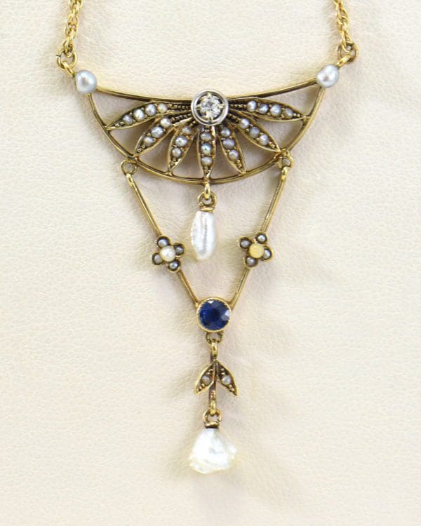 antique festoon necklace with seed pearl flower sapphire and diamond drops.JPG