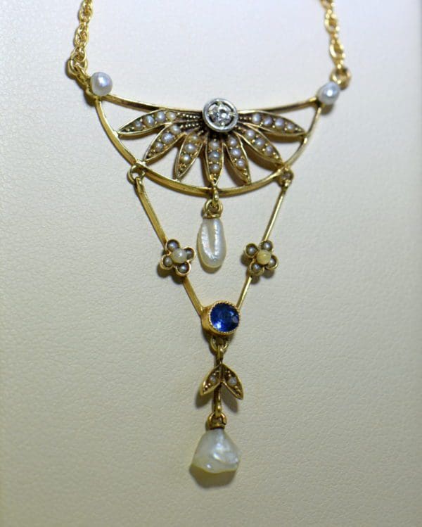 antique festoon necklace with seed pearl flower sapphire and diamond drops 3.JPG