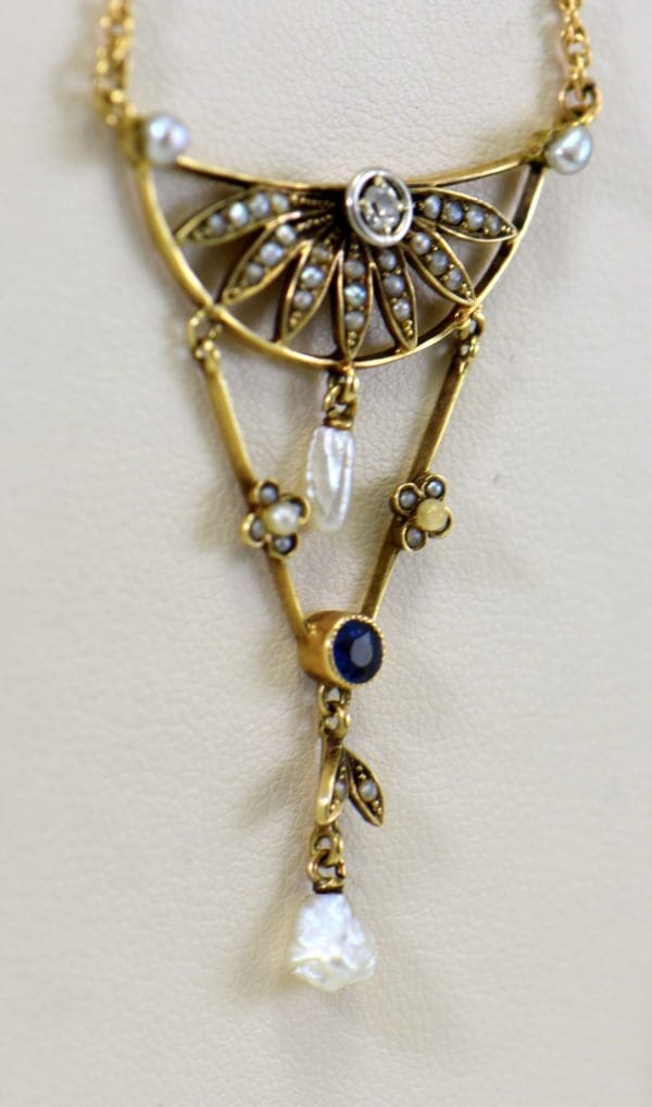 antique festoon necklace with seed pearl flower sapphire and diamond drops 4.JPG