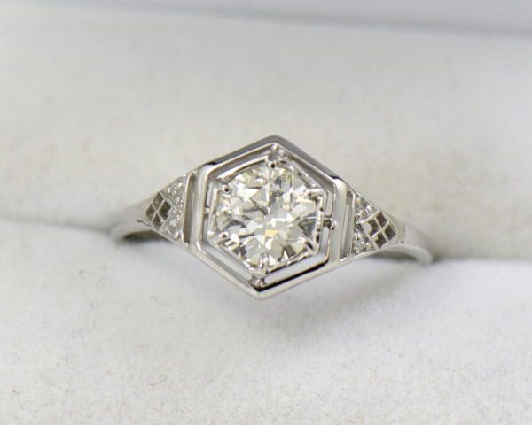 art deco diamond solitaire ring with 1ct euro cut diamond in hexagonal white gold frame 2.JPG