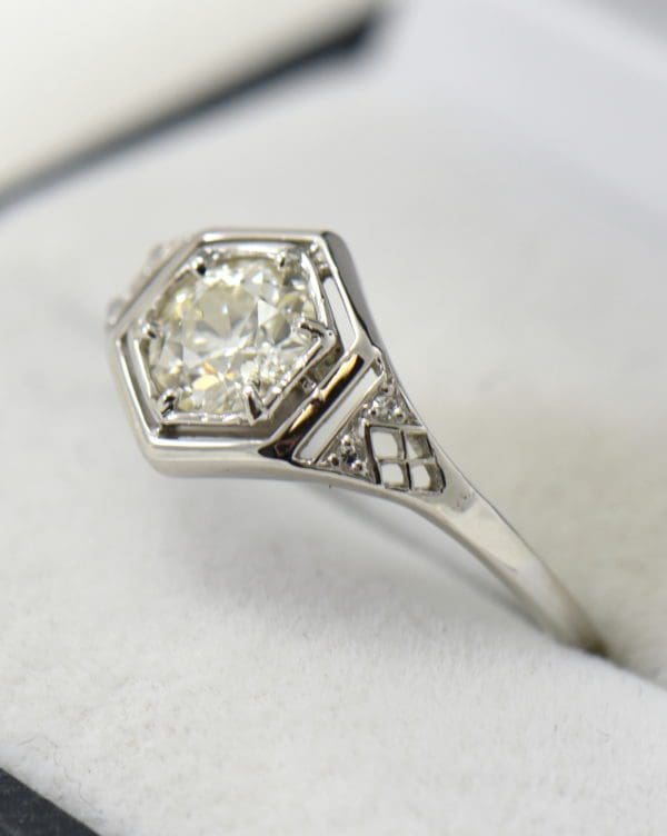 art deco diamond solitaire ring with 1ct euro cut diamond in hexagonal white gold frame 4.JPG