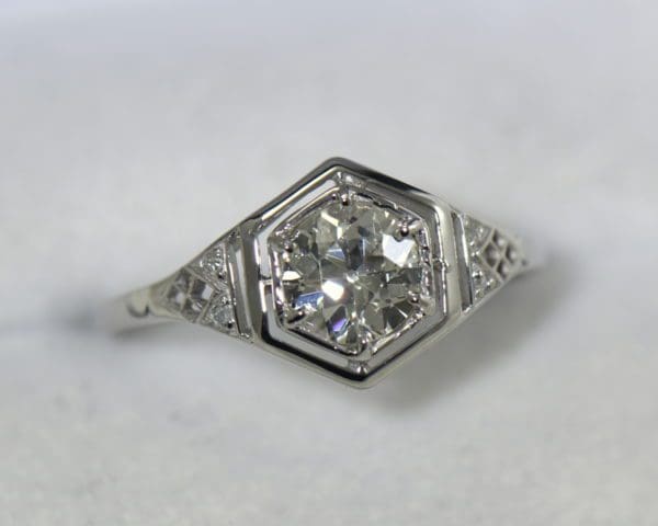 art deco diamond solitaire ring with 1ct euro cut diamond in hexagonal white gold frame 5.JPG