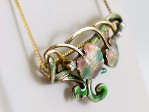 art nouveau gold necklace with enamel flowers and vines set with pearls and diamond 3.JPG