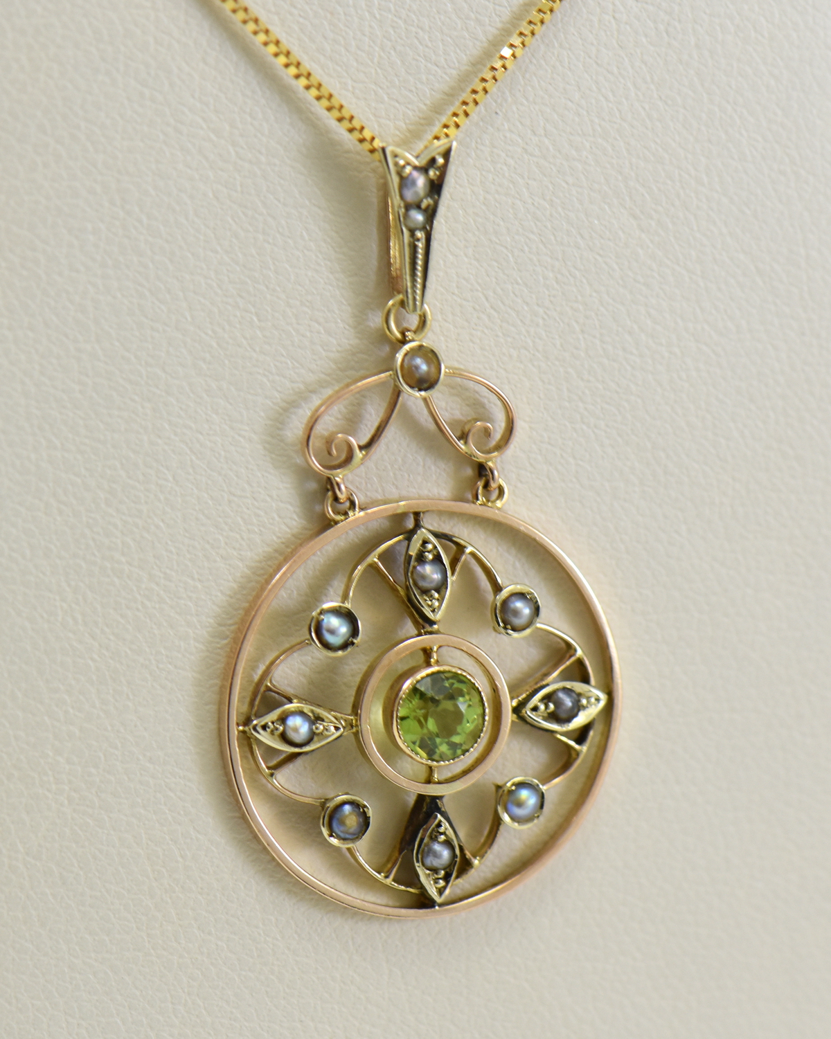 Edwardian Suffragette Peridot, Pearl & Amethyst Necklace in Gold