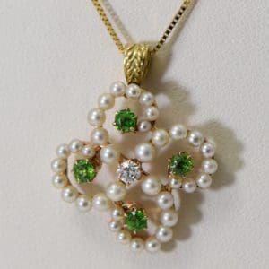 edwardian clover pendant with demantoid garnet diamond and pearls pin conversion.JPG