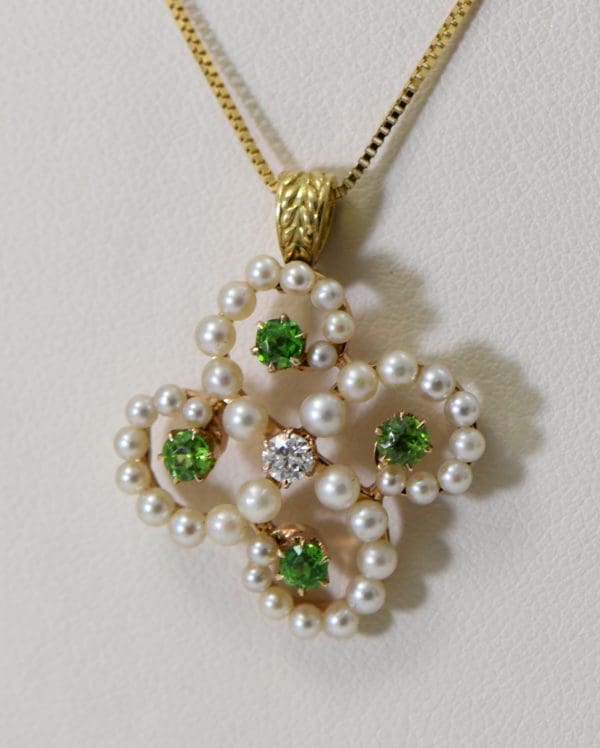 edwardian clover pendant with demantoid garnet diamond and pearls pin conversion.JPG